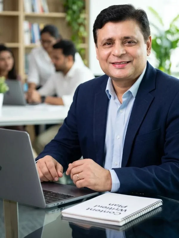 Salauddin Biswas, a medical practice SEO specialist, sitting at his office desk with a laptop and a healthcare content strategy notebook.
