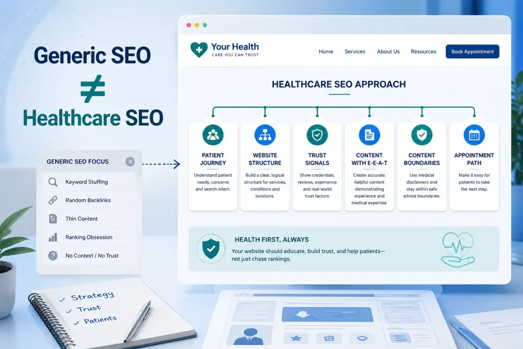 Healthcare SEO strategy map showing patient journey, website structure, trust signals, and content boundaries