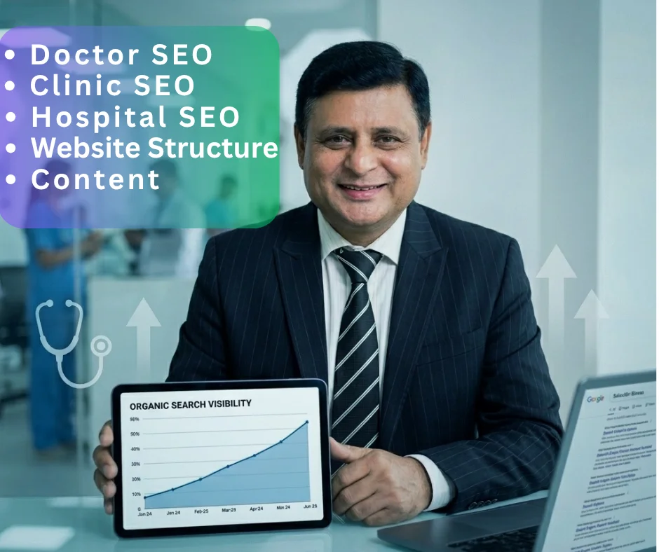 Overview of healthcare SEO services: local SEO, technical SEO, on-page SEO, off-page authority, and content strategy working as one system.