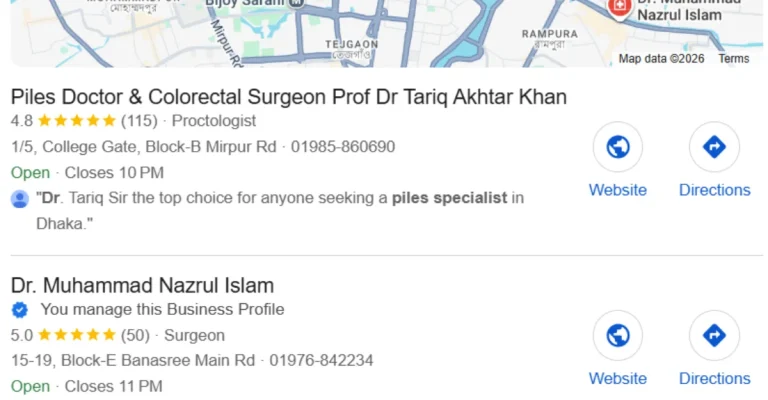 Image healthcare local citations where Google map and expert colorectal surgeons' name, address and phone number are shown
