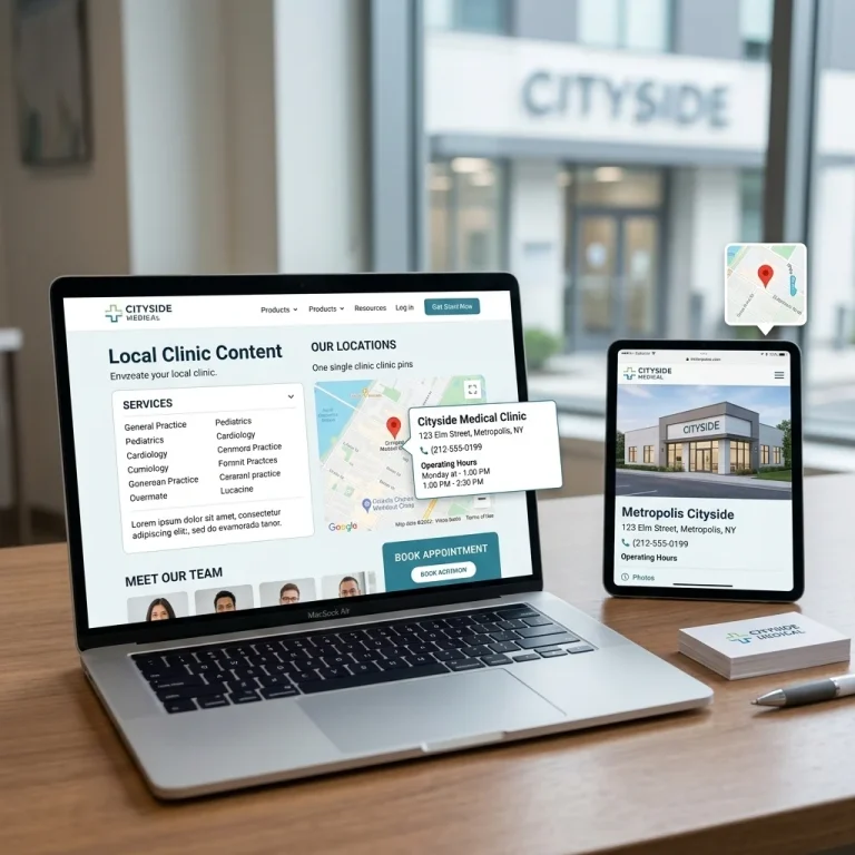 Concept graphic showing one healthcare location page built for one physical clinic place.