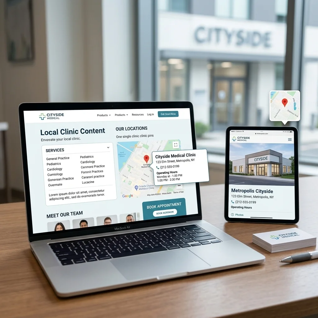 Concept graphic showing one healthcare location page built for one physical clinic place.