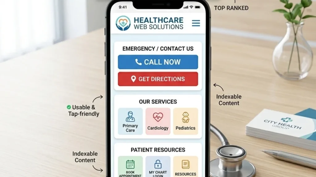 Mobile-friendly healthcare website displayed on a smartphone with clear layout and patient-friendly navigation