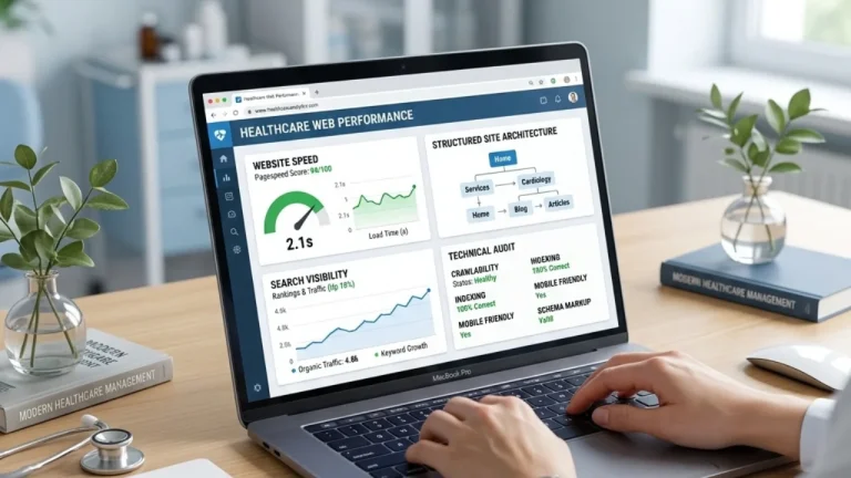 Technical SEO for healthcare websites shown on a laptop with medical website pages, performance metrics, and structured site elements