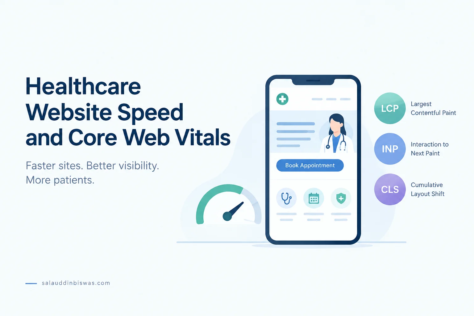 Healthcare website speed and Core Web Vitals illustration showing LCP, INP, and CLS