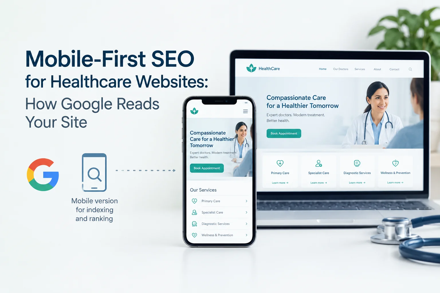 Mobile-first SEO for healthcare websites showing how Google indexes mobile content alongside a desktop website.